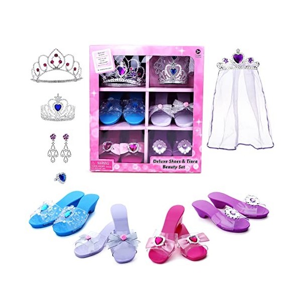 deAO Ensemble de Chaussures de Princesse et Accessoires Imitation Ensemble pour Enfants 3 Paires de Chaussures avec Talons, C