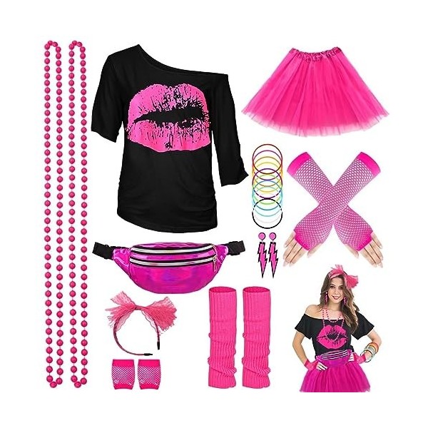 Kit Déguisement Année 80 Accessoire Femme, T-Shirt, Tutu, Sac Banane, Bandeau, Boucle dOreille, Collier, Gants Résille, Vête