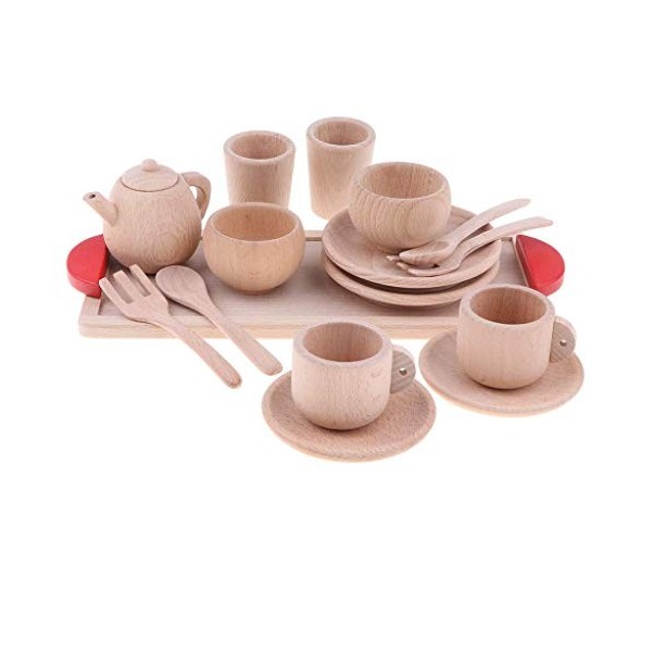 Sanmum Kit 16pcs Jeu dImitation en Bois, Tasse à Café Thé - Jeu Dimitation Cuisine Pretend Play Nourriture pour Bébé Enfant