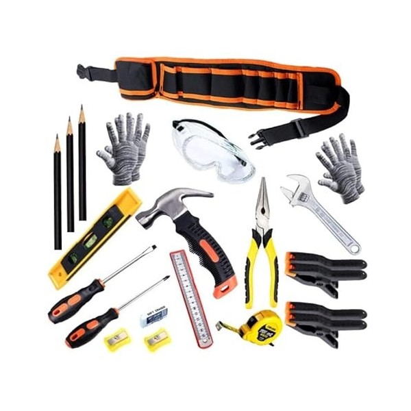 Real kit doutils pour enfants, 22 pièces menuiserie pour enfants kit doutils Junior, ensemble doutils de construction pour