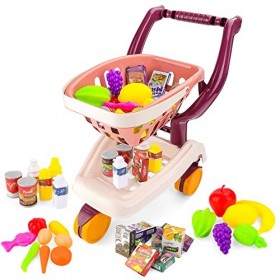 deAO Caddie Jouet,Chariot De Courses pour Enfants Jouets De Nourriture pour Jouer,Caddy De Course Comprenant Produits DÉpice