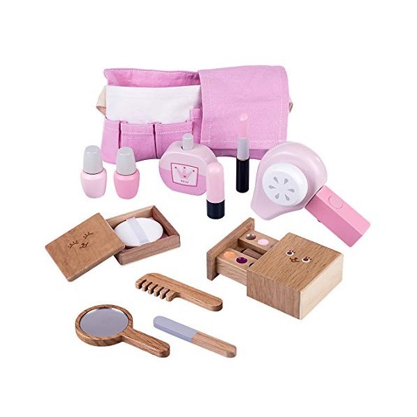 Mecotecn 12Pcs Maquillage Enfant Jouet Fille, Malette Maquillage pour Enfant en Bois Jeu dImitation Kit de Maquillage Princes