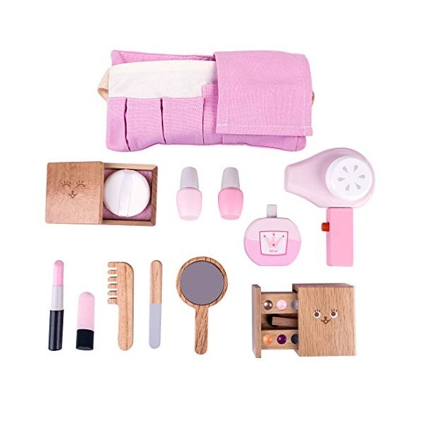 Mecotecn 12Pcs Maquillage Enfant Jouet Fille, Malette Maquillage pour Enfant en Bois Jeu dImitation Kit de Maquillage Princes