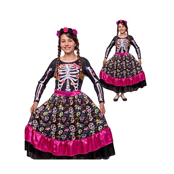 Magicoo Costume de squelette mexicain mignon pour enfant fille Day of the Dead Día de los Muertos L 