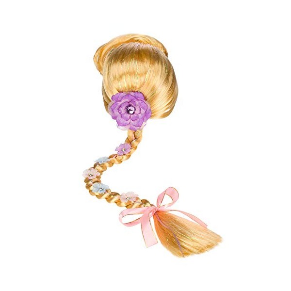 Disney Store Perruque Raiponce pour enfants, taille unique avec longue tresse dorée ornée dappliques floraux, de rubans past