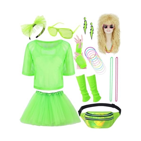 Costume Années 80 Femme - Set 5 Pièces Accessoires Rétro : Bandeau, Boucles D'Oreilles, Gants, Colliers Et Bracelets