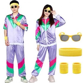 Ficlwigkis Déguisement 6 pièces des années 80 pour homme et femme – Tenue de enterrement de vie de garçon avec bandeau, brace