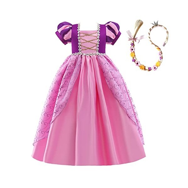 Lito Angels Deguisement Robe Costume Princesse Raiponce avec Perruque Tresser pour Enfant Fille, Taille 9-10 Ans, Manche Cour