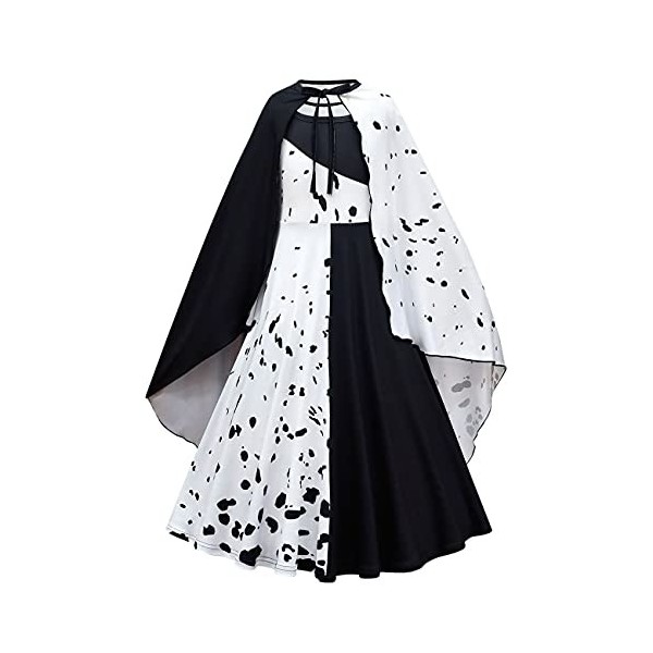 Lito Angels Deguisement Costume Cruella Robe à Pois Dalmatien Noir et Blanc avec Cape pour Enfant Fille, Taille 7-8 ans