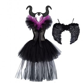 Odizli Costume maléfique pour enfant fille - Diable - Vampire - Sorcière - Costume de princesse - Robe en tulle tricoté - Rob