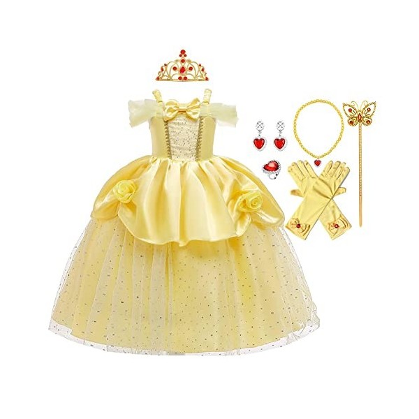 MYRISAM Filles Princesse Belle Robe de Carnaval Hors Épaule Costume de la Beauté et la Bête Halloween Cosplay Fancy Dress up 
