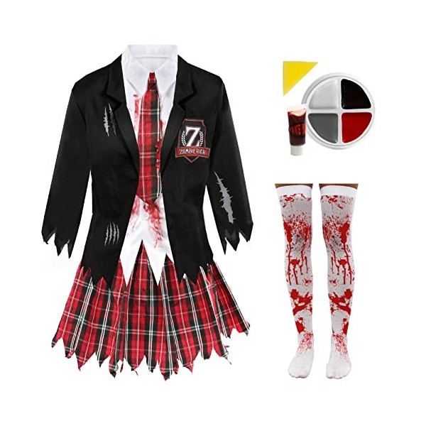 Costume décolière zombie pour femme – Taille XS – Uniforme scolaire noir et tartan avec bords tachetés, bas, faux sang et pe