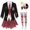 Costume décolière zombie pour femme – Taille XS – Uniforme scolaire noir et tartan avec bords tachetés, bas, faux sang et pe