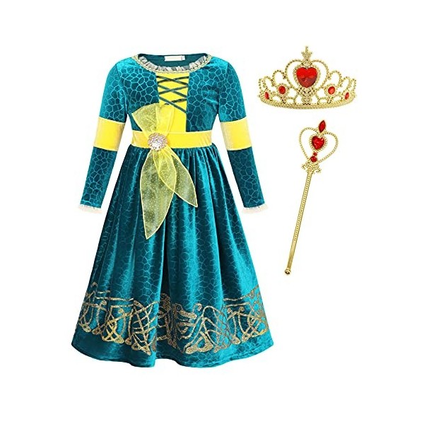 Benylion Merida – Robe de princesse à manches longues pour filles, robe de déguisement pour cosplay, carnaval, Halloween, fêt