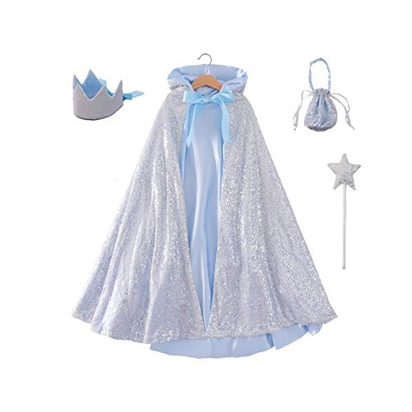 Proumhang Costume Fille Cape à capuche Cosplay Costume princesse paillettes Avec couronne+baguette magique+petit sac à main H