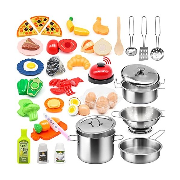 Lot de 37 accessoires de cuisine de 59 pièces en acier inoxydable pour enfants, ustensiles de cuisine, couteau à pizza, jouet