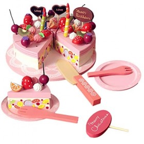 Gâteau de Fête Danniversaire pour Enfants Ensembles de Nourriture en Bois, Jeu de Cuisine pour les Tout-petits avec Bougies 