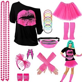 Gohytal Tenue des années 80 pour femme, vêtements des années 80 pour femme, t-shirt jupe tutu, sac ceinture, bandeau, boucles