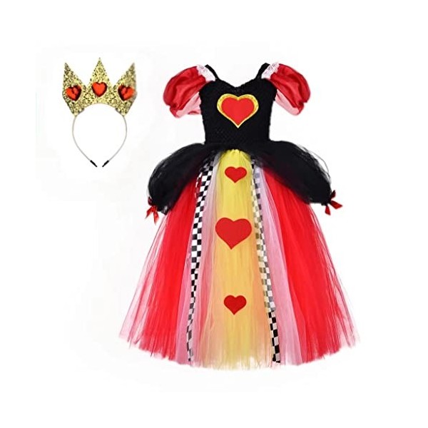 IBAKOM Enfants Filles Princesse Alice Costume Reine des Coeurs Halloween Cosplay Déguisement Hors Épaule Tulle Tutu Robe Anni