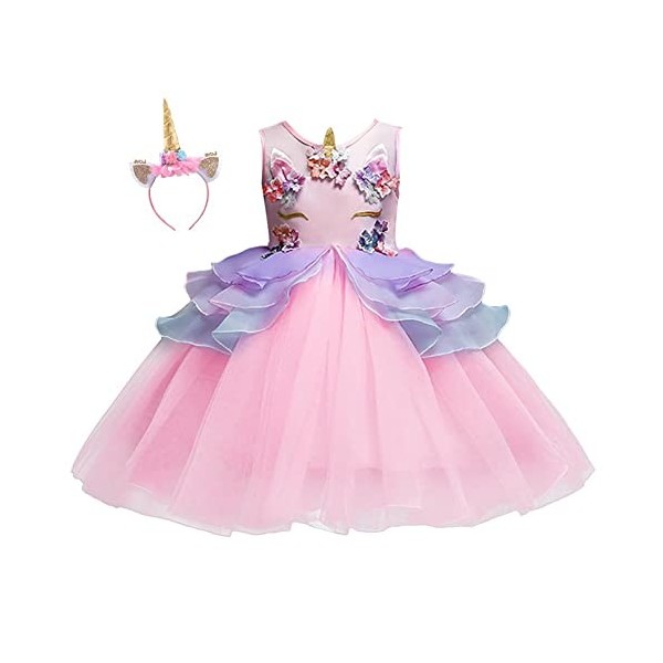 REXREII Déguisement Licorne Fête Pageant Robe Tulle avec bandeau Mariage Anniversaire Noël Carnaval Halloween - Rose - XXXL