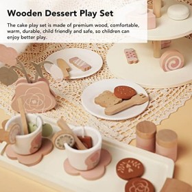 Drfeify Mini Ensemble de Jeu de Dessert en Bois, Faire Semblant de Dessert Gâteau thé Ensemble de Jeu Cadeaux pour bébé Tout-