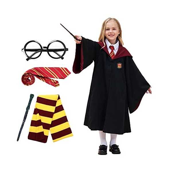 Alaiyaky Ensemble de costume de cosplay magicien pour enfants et adultes, 5 pièces avec cape, baguette magique, cravate, écha