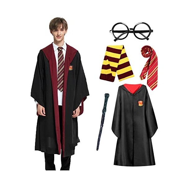 Alaiyaky Ensemble de costume de cosplay magicien pour enfants et adultes, 5 pièces avec cape, baguette magique, cravate, écha