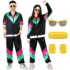 Ficlwigkis Déguisement 6 pièces des années 80 pour homme et femme – Tenue de enterrement de vie de garçon avec bandeau, brace