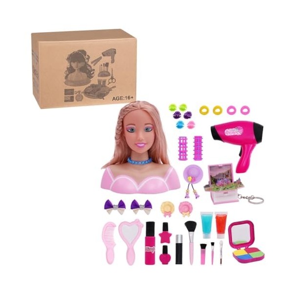 SUNDARE Tete à Coiffer et Maquiller Enfant, 40Pièces Set de Coiffure pour Enfants, Jeu de Poupées pour Cheveux et Beauté Cade