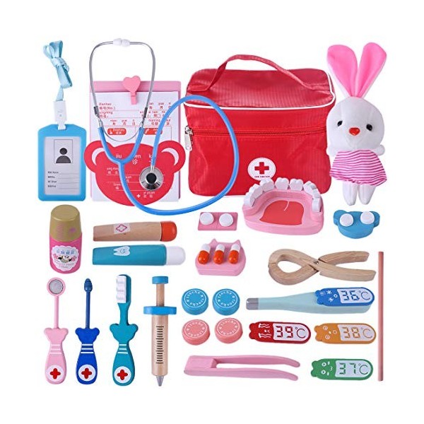 YAKOK 24Pcs Bois Malette Docteur Enfant Jouet, Kit Docteur Enfant, Imitation Docteur Bois Kit Medecin Enfant Dentiste Enfant 