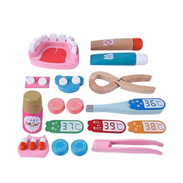 YAKOK 24Pcs Bois Malette Docteur Enfant Jouet, Kit Docteur Enfant, Imitation Docteur Bois Kit Medecin Enfant Dentiste Enfant 