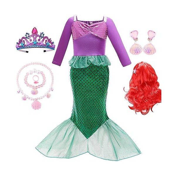 Windskids Déguisement Sirène avec Perruque Fille Sirène Princesse Ariel Robe de Princesse et Accessoires pour Enfant Fancy Dr