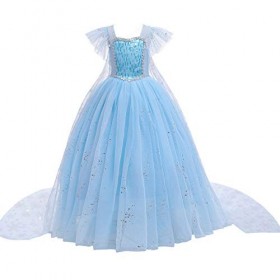 Robe de princesse Elsa Aurore Cendrillon Déguisement Perles Halloween Robe de fête pour enfants - Bleu - 9-10 ans