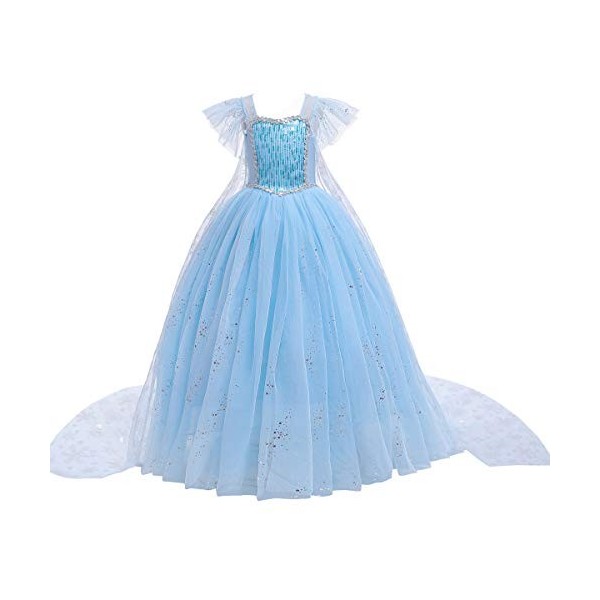 Robe de princesse Elsa Aurore Cendrillon Déguisement Perles Halloween Robe de fête pour enfants - Bleu - 9-10 ans