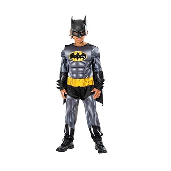 Rubies Costume Batman Metallic Core Deluxe pour enfants, Jumpsuit imprimé avec poitrine musclée, cape et masque, Officiel DC 