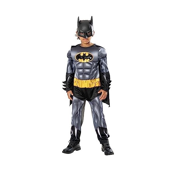 Rubies Costume Batman Metallic Core Deluxe pour enfants, Jumpsuit imprimé avec poitrine musclée, cape et masque, Officiel DC 