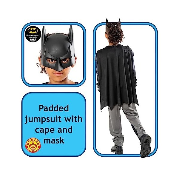 Rubies Costume Batman Metallic Core Deluxe pour enfants, Jumpsuit imprimé avec poitrine musclée, cape et masque, Officiel DC 