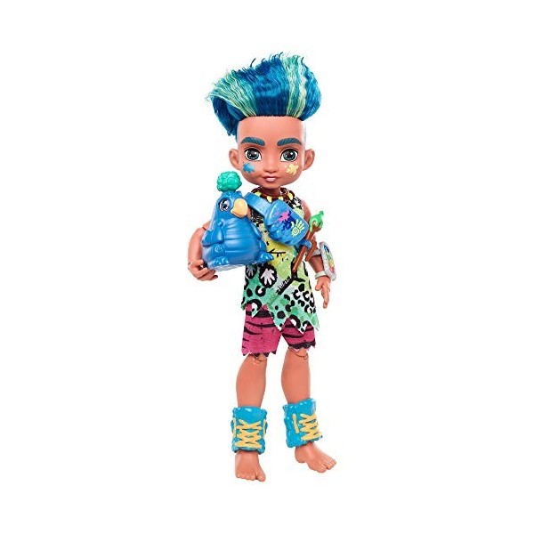 Cave Club poupée préhistorique articulée Slate aux Cheveux Bleus avec Figurine Taggy et Accessoires, Jouet pour Enfant, GNL87
