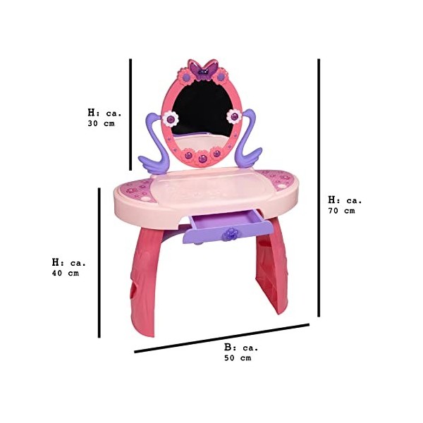 DRULINE Kinderschminktisch Coiffeuse Jouet Fille Tête à Coiffer, Table de Jeux Enfants avec Tabouret, Beaucoup Accessoires, L