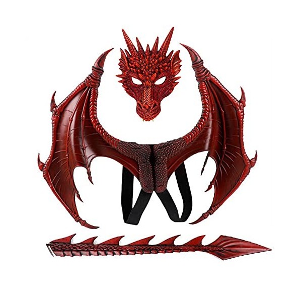 YAHUIPEIUS Ensemble dailes de dragon dHalloween pour enfants, ailes de dragon fantaisie, masque et queue pour enfants roug