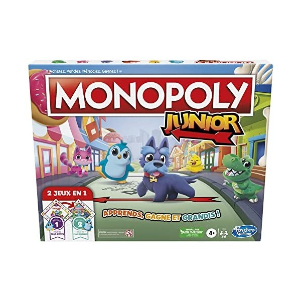 Hasbro Gaming Monopoly Junior, Plateau de Jeu réversible, 2 Jeux en 1, Jeu Monopoly pour Jeunes Enfants, Jeux de Plateau pour