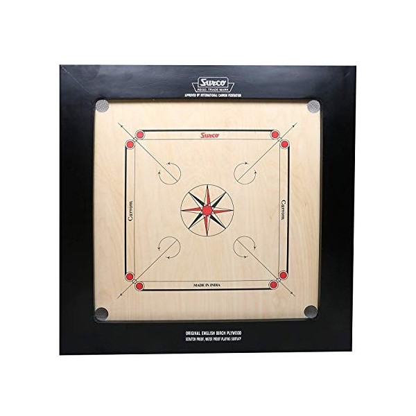 Surco Planche de carrom indienne en bois contreplaqué Champion Bulldog avec pièce de monnaie, frappeur, poudre et approuvé AI