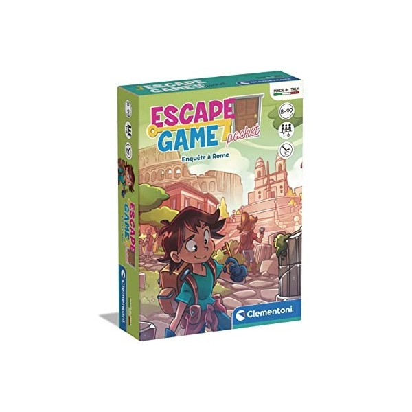 Clementoni - Escape Game - Enquête à Rome - Format Poche - Jeu de Réflexion - Cartes et Plateau de Jeu - Résolutions dEnigme