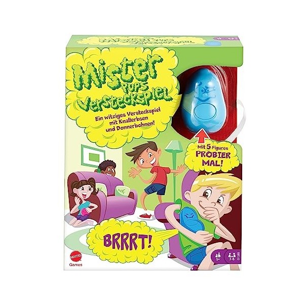 Mattel Games Fart and Go Seek, jeu de société pour jouer à cache-cache avec des fèves péteuses, 3 à 6 joueurs, pour enfants à