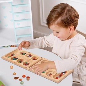 Dicetris Jeu société Mancala en Bois,Planche en Bois Pliable Portable, Pierres Mancala en Verre | Jeu marbre Portable pour Vo
