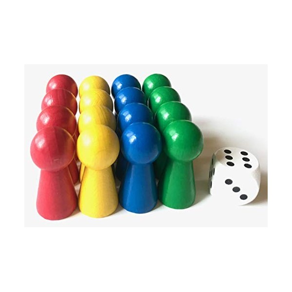 Spieltz Accessoires de jeu de société : jeu de figurines en bois pour Ludo. 4 x 4 ou 6 x 4 cônes de halma + dés. Matériel de