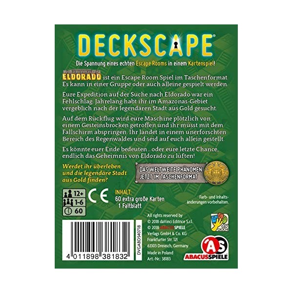 ABACUSSPIELE 38183 - Deckscape - Das Geheimnis Von Eldorado Jeu de Cartes, Jeu d’Escape Room français Non Garanti 