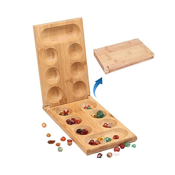 fanelod Jeu société Mancala en Bois - Échecs en Bois pliants avec Galets Pierres Naturelles colorées | Jeu société pour Grand