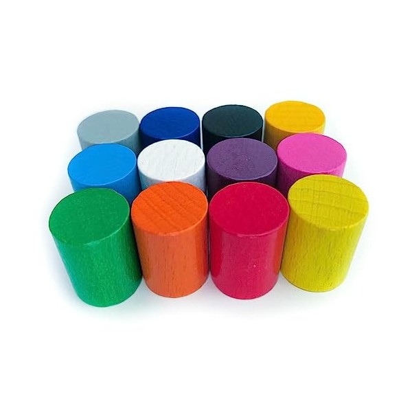 Spieltz: Lot de 12 tuiles colorées en bois pour jeux de société - Grand cylindre - 15 x 20 mm jaune, jaune doré, orange, rou