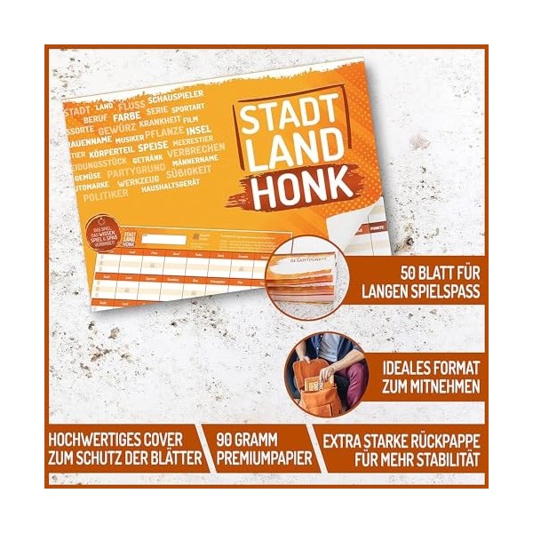 Stadt Land Honk® Lot de 2 jeux de société La ville et la rivière - 50 feuilles pour une expérience de jeu extra longue - Bloc